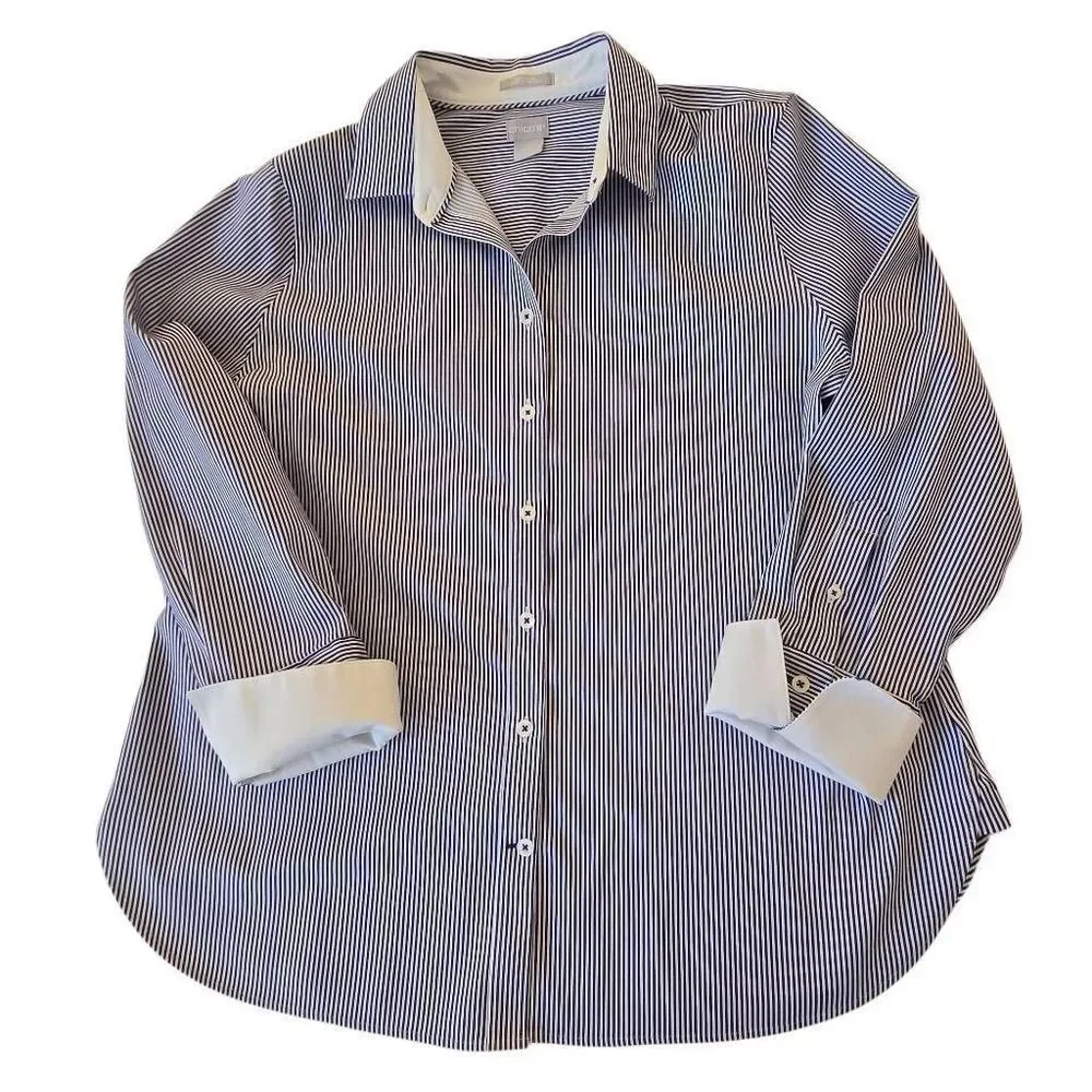Chicos No Iron Womens Blue White Striped Long Sleeve Button Down Shirt Large